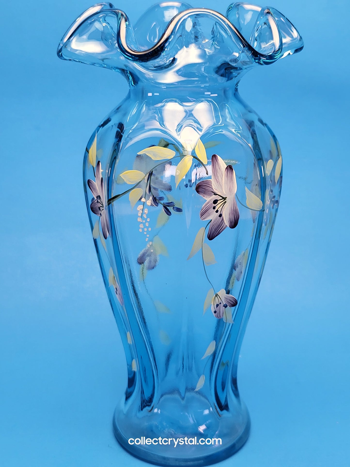 Fenton Blue Ruffled Vase Hand Painted by V. Williams