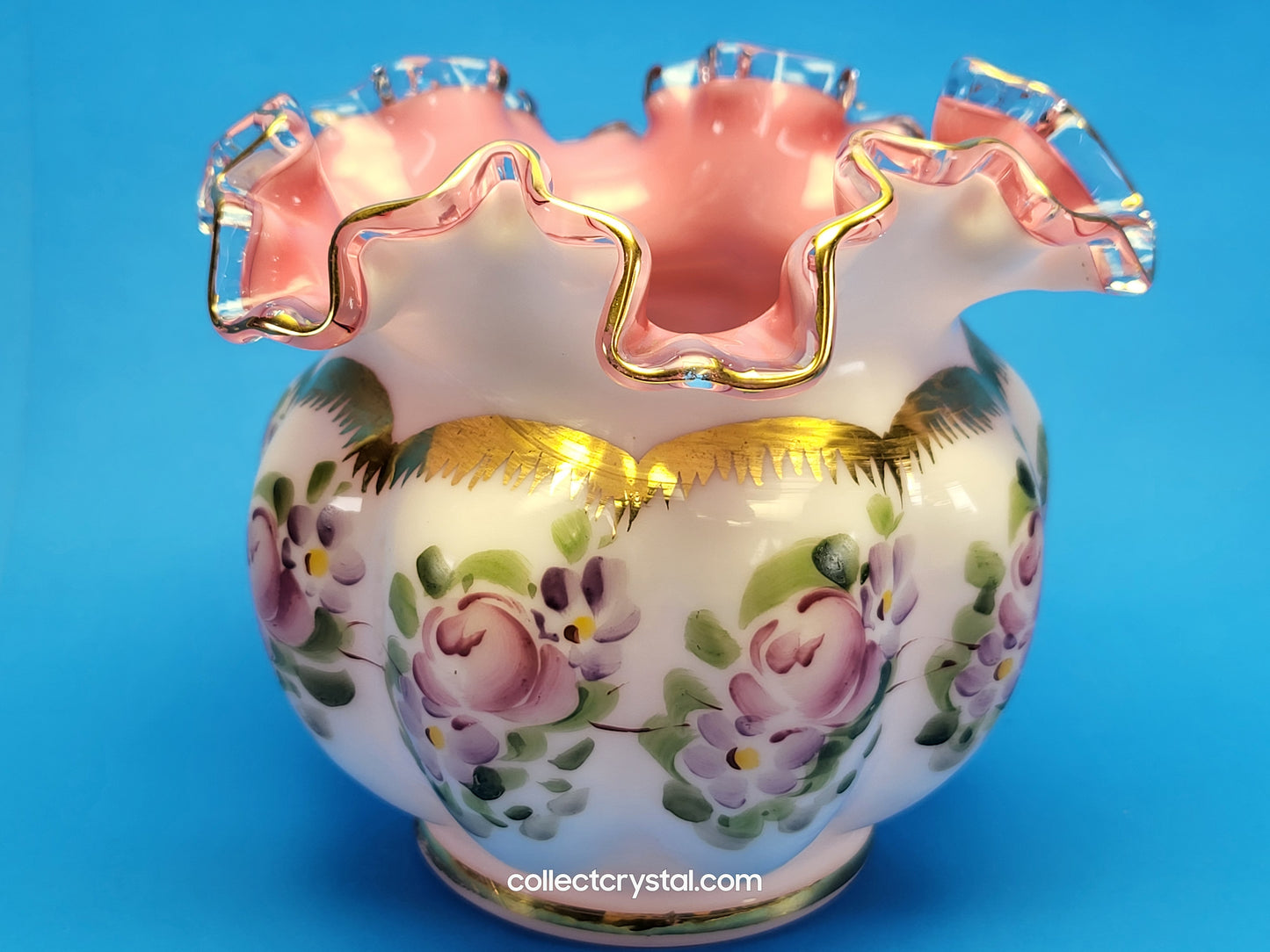 Fenton Peach Crest Melon Rose Bowl w/ Ruffled Edge