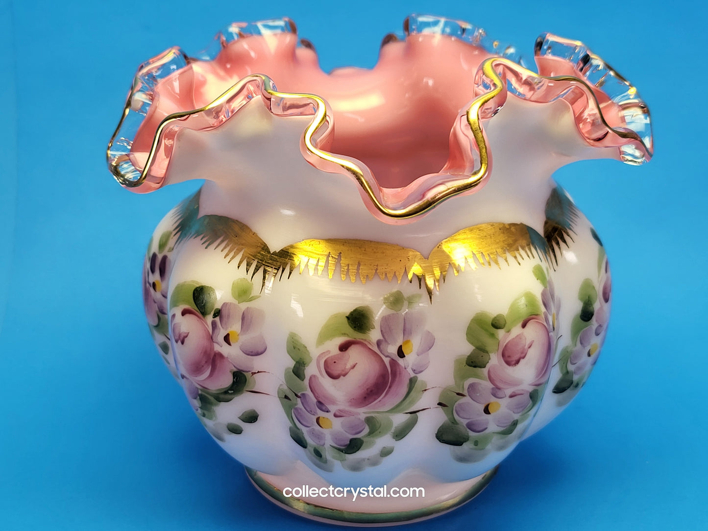 Fenton Peach Crest Melon Rose Bowl w/ Ruffled Edge