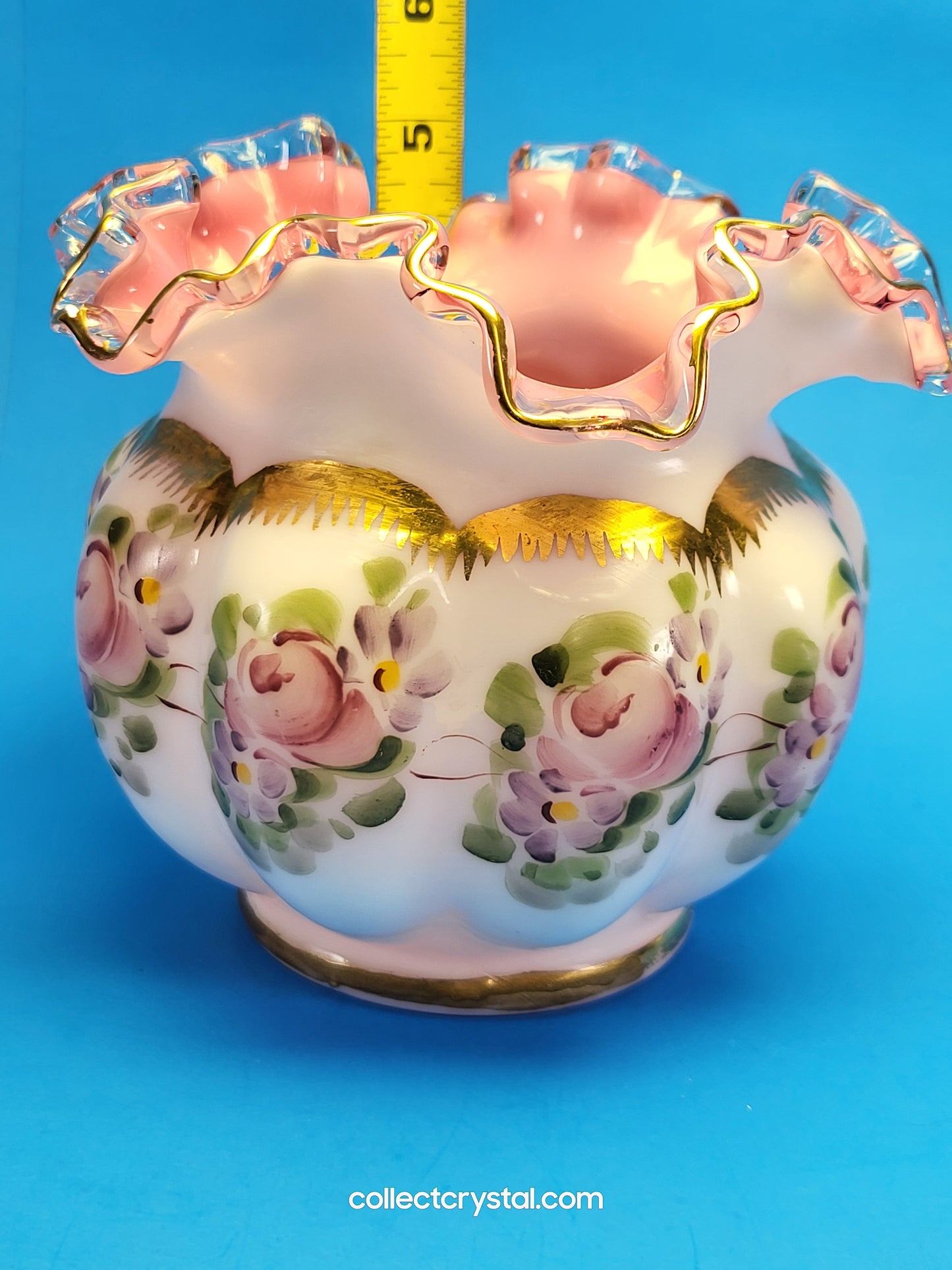 Fenton Peach Crest Melon Rose Bowl w/ Ruffled Edge