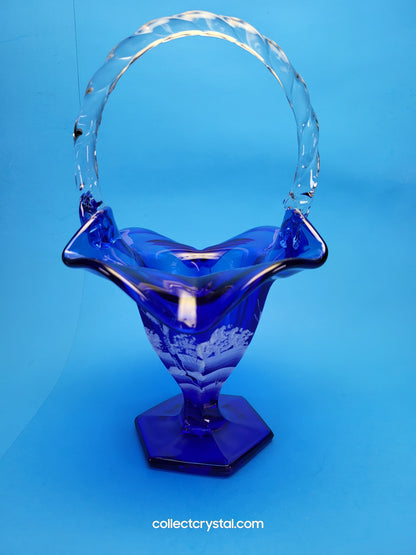 FENTON WINTER BASKET COBALT BLUE Hand painted by S. Stephens over 9" tall