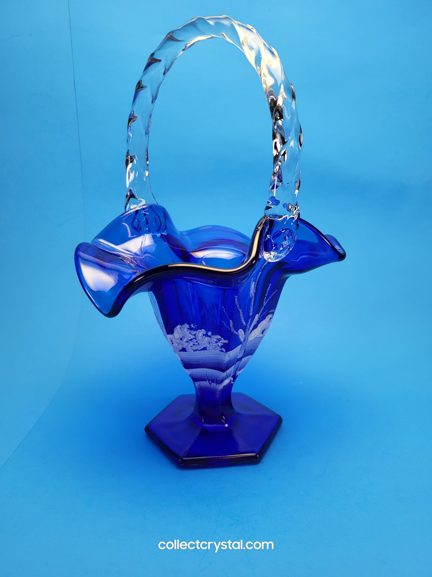 FENTON WINTER BASKET COBALT BLUE Hand painted by S. Stephens over 9" tall