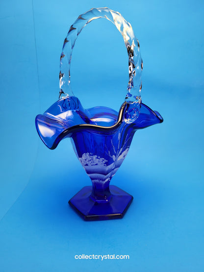 FENTON WINTER BASKET COBALT BLUE Hand painted by S. Stephens over 9" tall