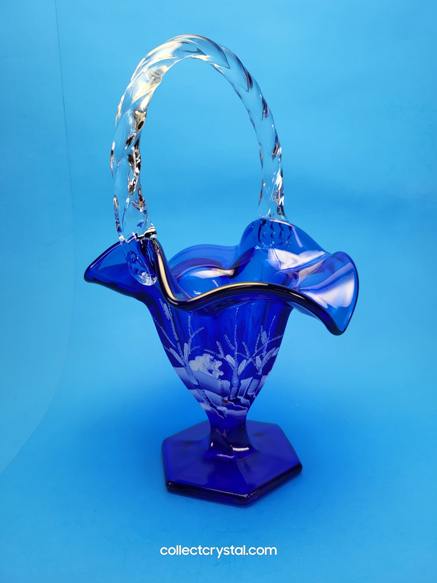 FENTON WINTER BASKET COBALT BLUE Hand painted by S. Stephens over 9" tall