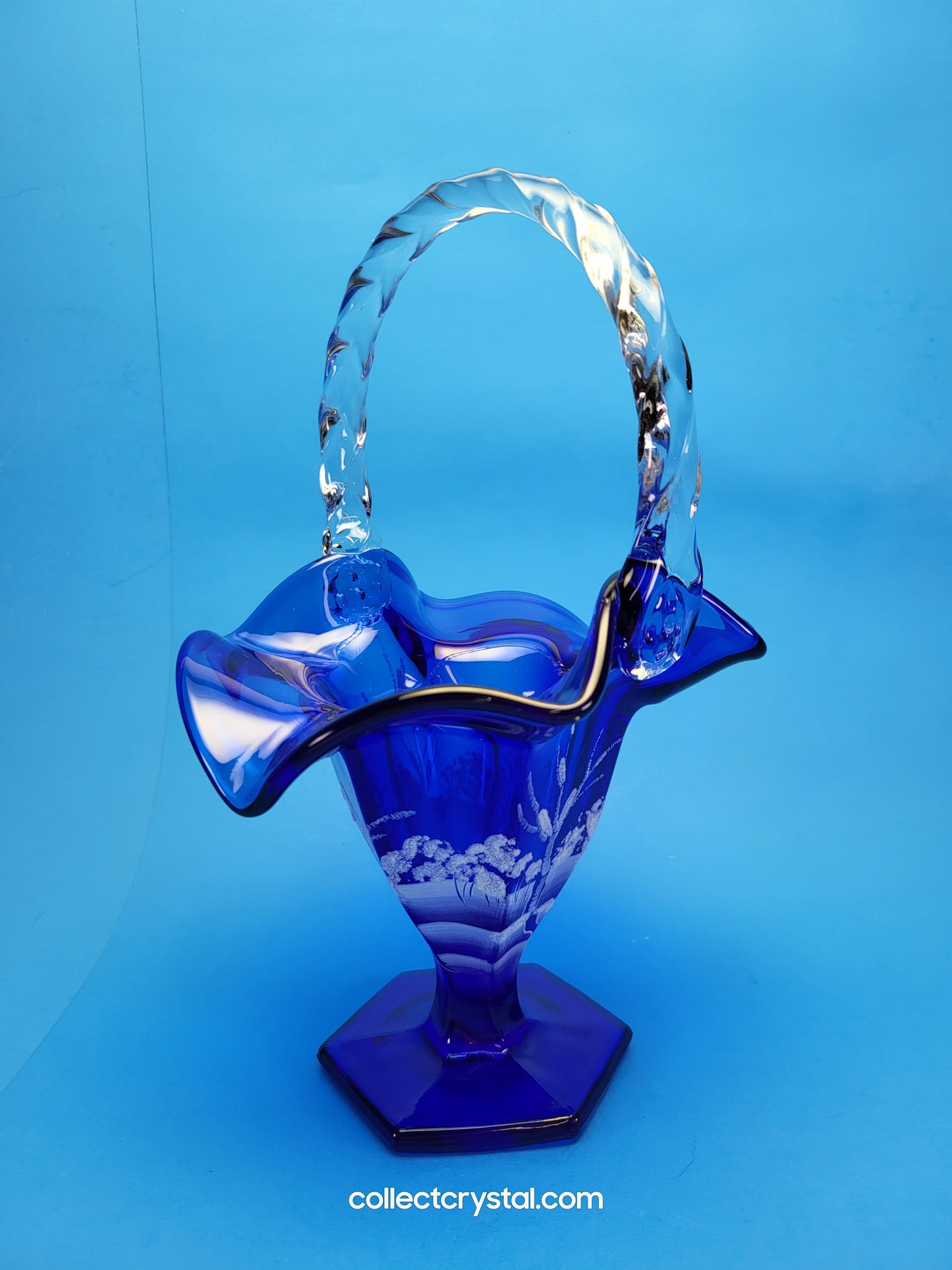 FENTON WINTER BASKET COBALT BLUE Hand painted by S. Stephens over 9" tall