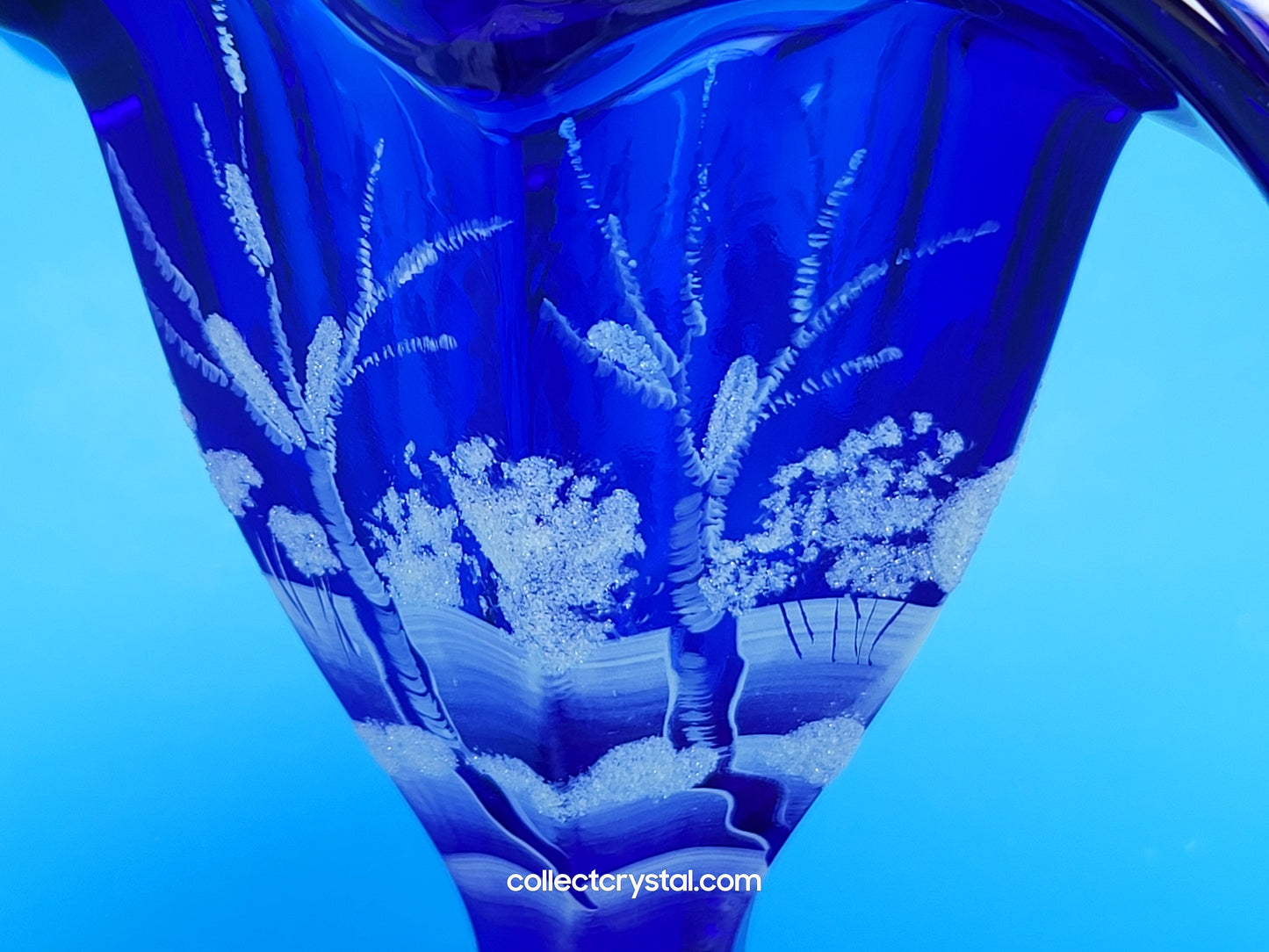 FENTON WINTER BASKET COBALT BLUE Hand painted by S. Stephens over 9" tall