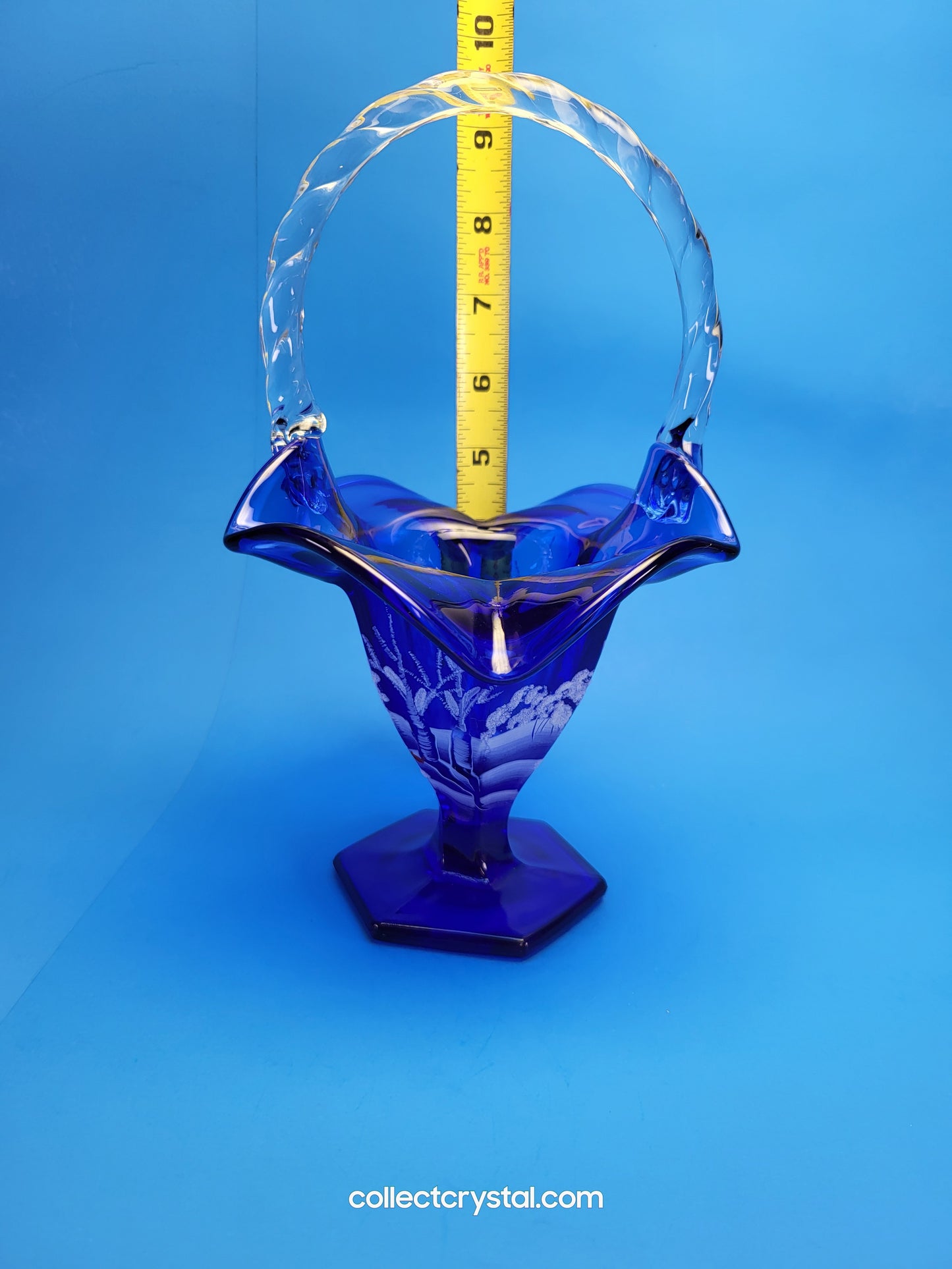 FENTON WINTER BASKET COBALT BLUE Hand painted by S. Stephens over 9" tall