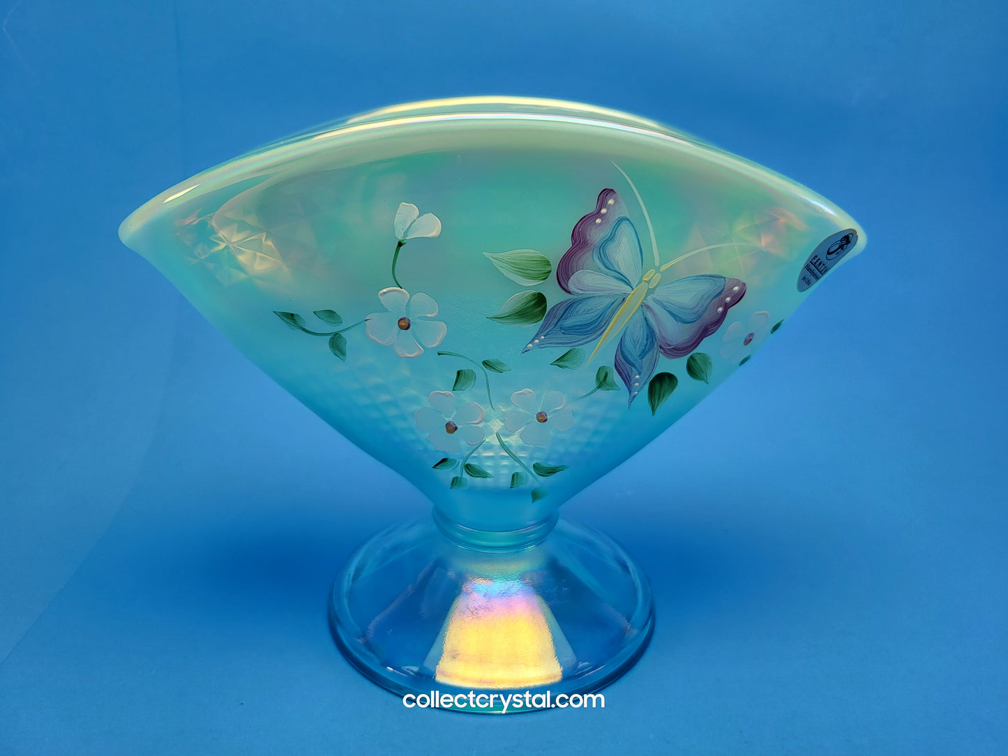 Fenton Aqua Blue Opal Iridescent Floral Butterfly Fan QVC Vase HP J.L. Dowler 7.5"