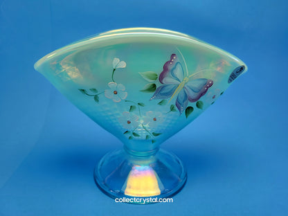 Fenton Aqua Blue Opal Iridescent Floral Butterfly Fan QVC Vase HP J.L. Dowler 7.5"