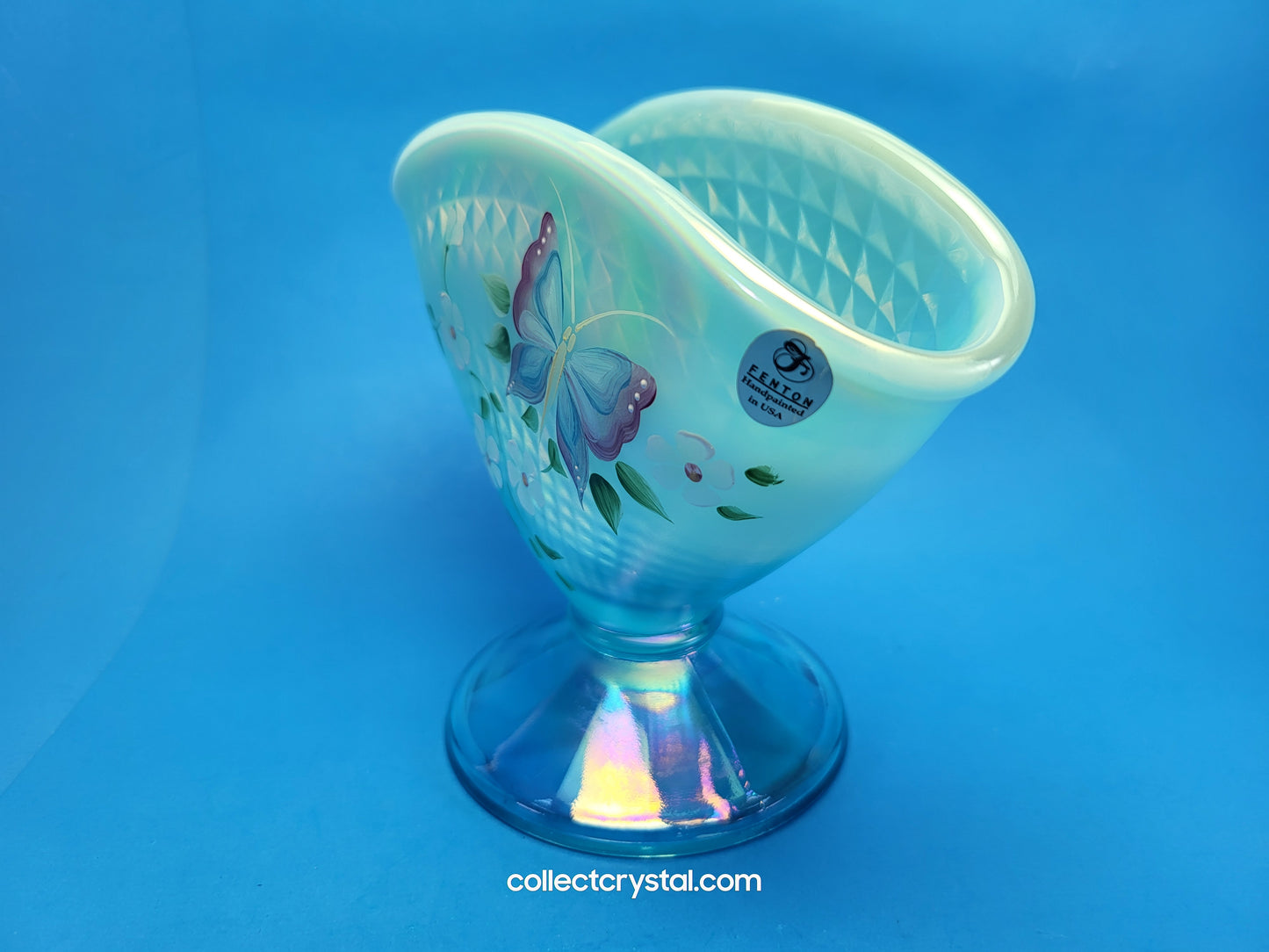 Fenton Aqua Blue Opal Iridescent Floral Butterfly Fan QVC Vase HP J.L. Dowler 7.5"