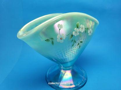 Fenton Aqua Blue Opal Iridescent Floral Butterfly Fan QVC Vase HP J.L. Dowler 7.5"