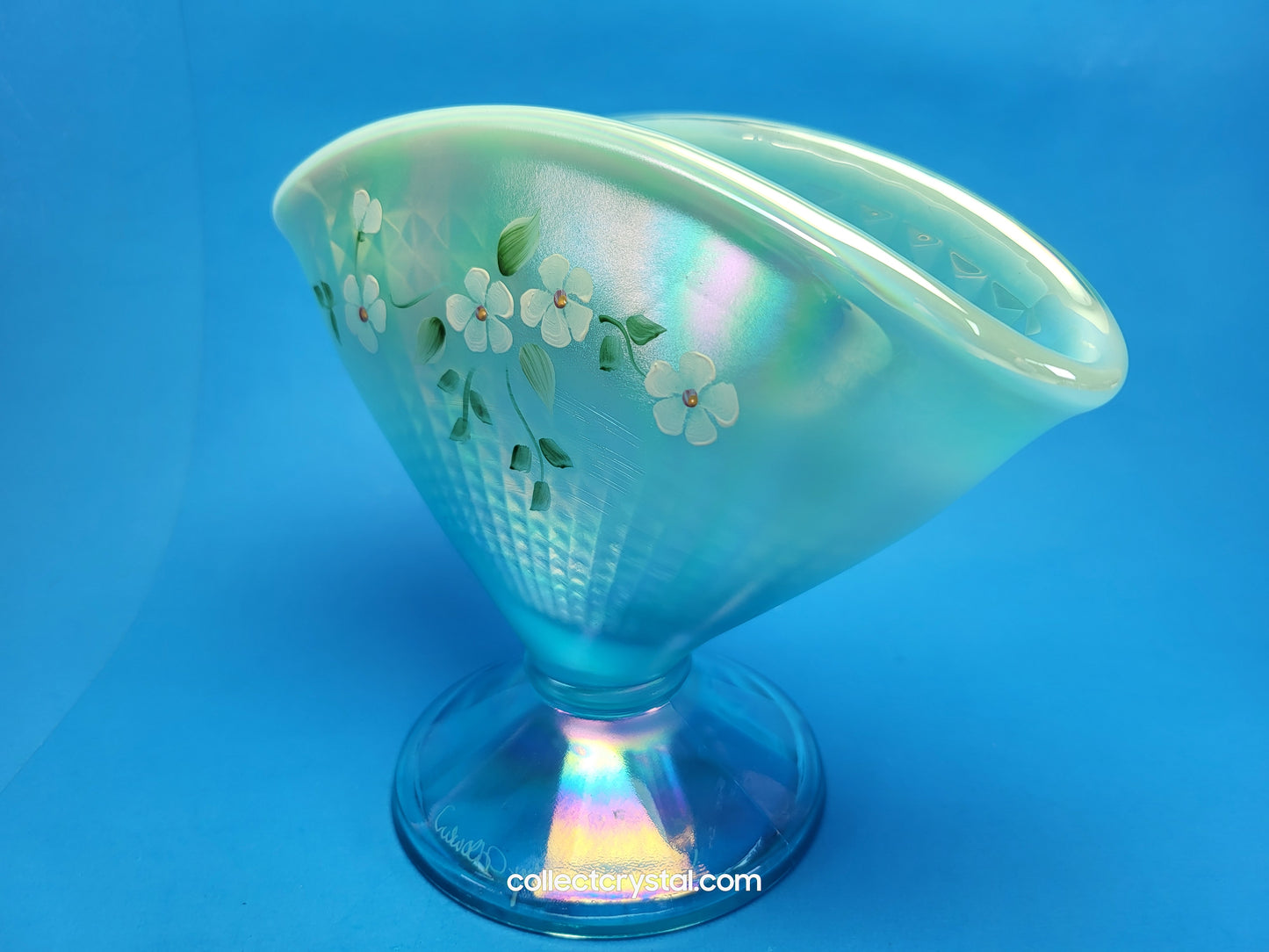 Fenton Aqua Blue Opal Iridescent Floral Butterfly Fan QVC Vase HP J.L. Dowler 7.5"