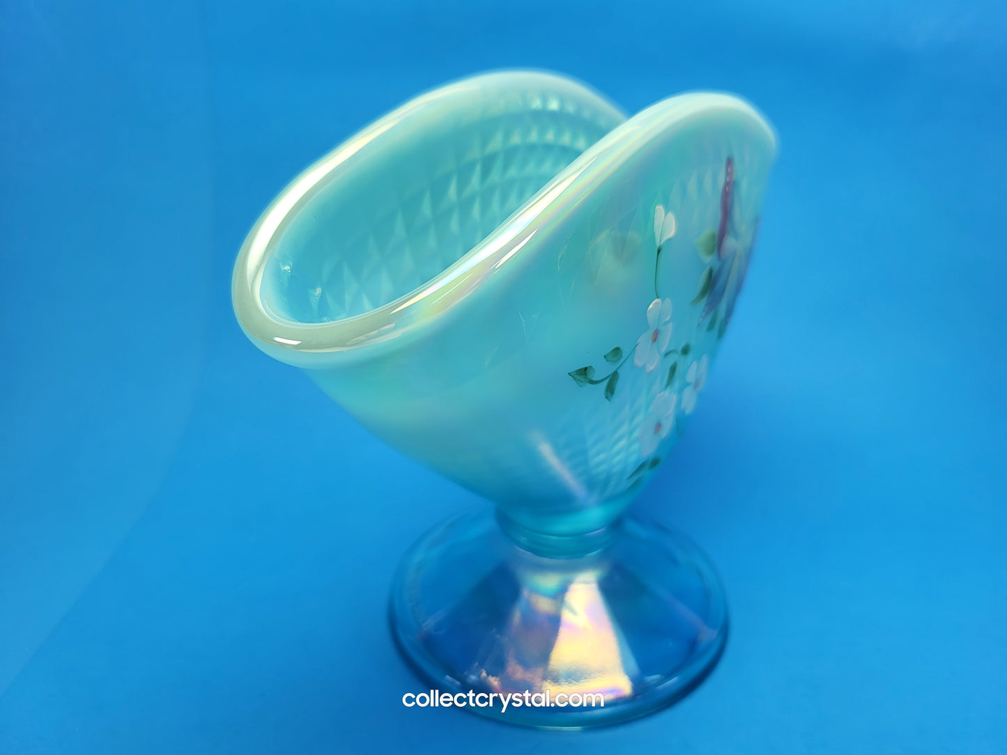 Fenton Aqua Blue Opal Iridescent Floral Butterfly Fan QVC Vase HP J.L. Dowler 7.5"