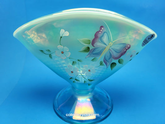 Fenton Aqua Blue Opal Iridescent Floral Butterfly Fan QVC Vase HP J.L. Dowler 7.5"