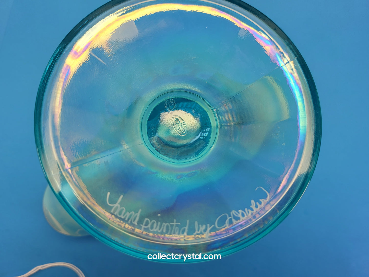 Fenton Aqua Blue Opal Iridescent Floral Butterfly Fan QVC Vase HP J.L. Dowler 7.5"