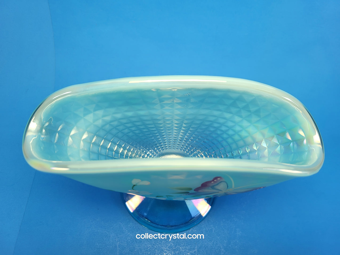 Fenton Aqua Blue Opal Iridescent Floral Butterfly Fan QVC Vase HP J.L. Dowler 7.5"