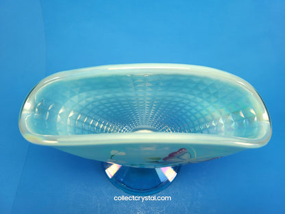 Fenton Aqua Blue Opal Iridescent Floral Butterfly Fan QVC Vase HP J.L. Dowler 7.5"