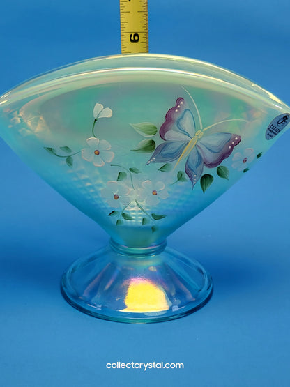 Fenton Aqua Blue Opal Iridescent Floral Butterfly Fan QVC Vase HP J.L. Dowler 7.5"