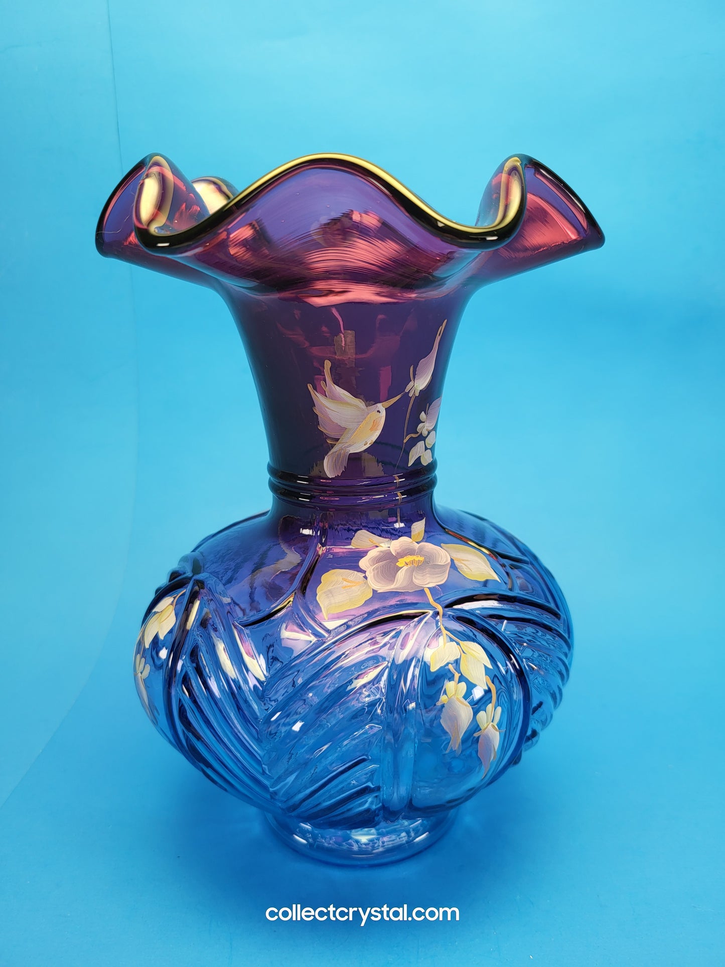 FENTON C. Mackey HP Mulberry Vase LE #  755 / 1250 Deep Purple W/Flowers 7 3/4"