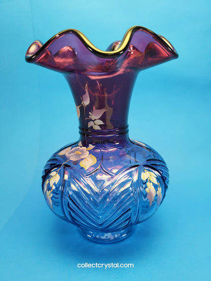 FENTON C. Mackey HP Mulberry Vase LE #  755 / 1250 Deep Purple W/Flowers 7 3/4"