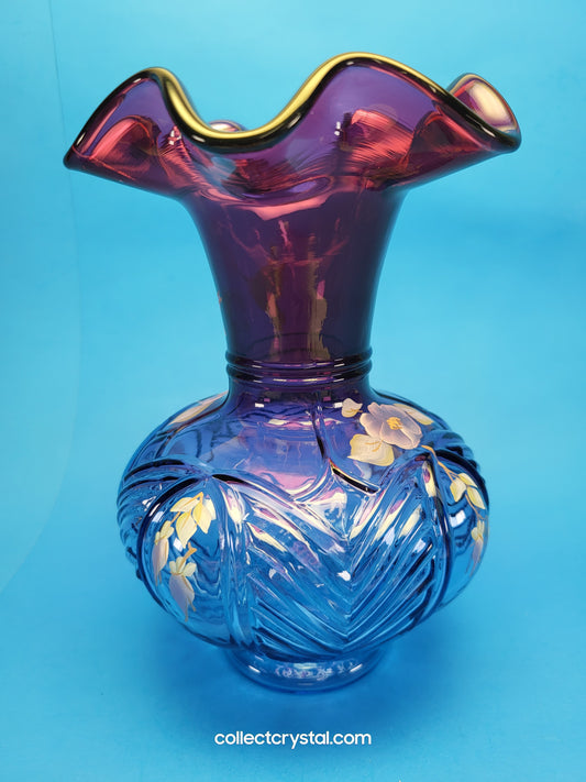 FENTON C. Mackey HP Mulberry Vase LE #  755 / 1250 Deep Purple W/Flowers 7 3/4"