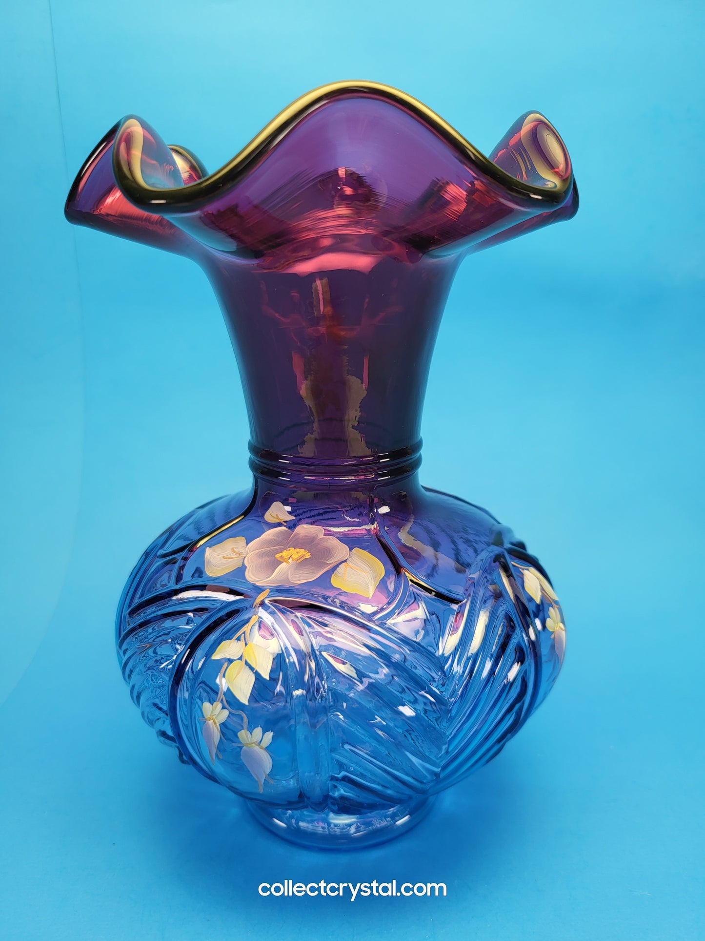 FENTON C. Mackey HP Mulberry Vase LE #  755 / 1250 Deep Purple W/Flowers 7 3/4"