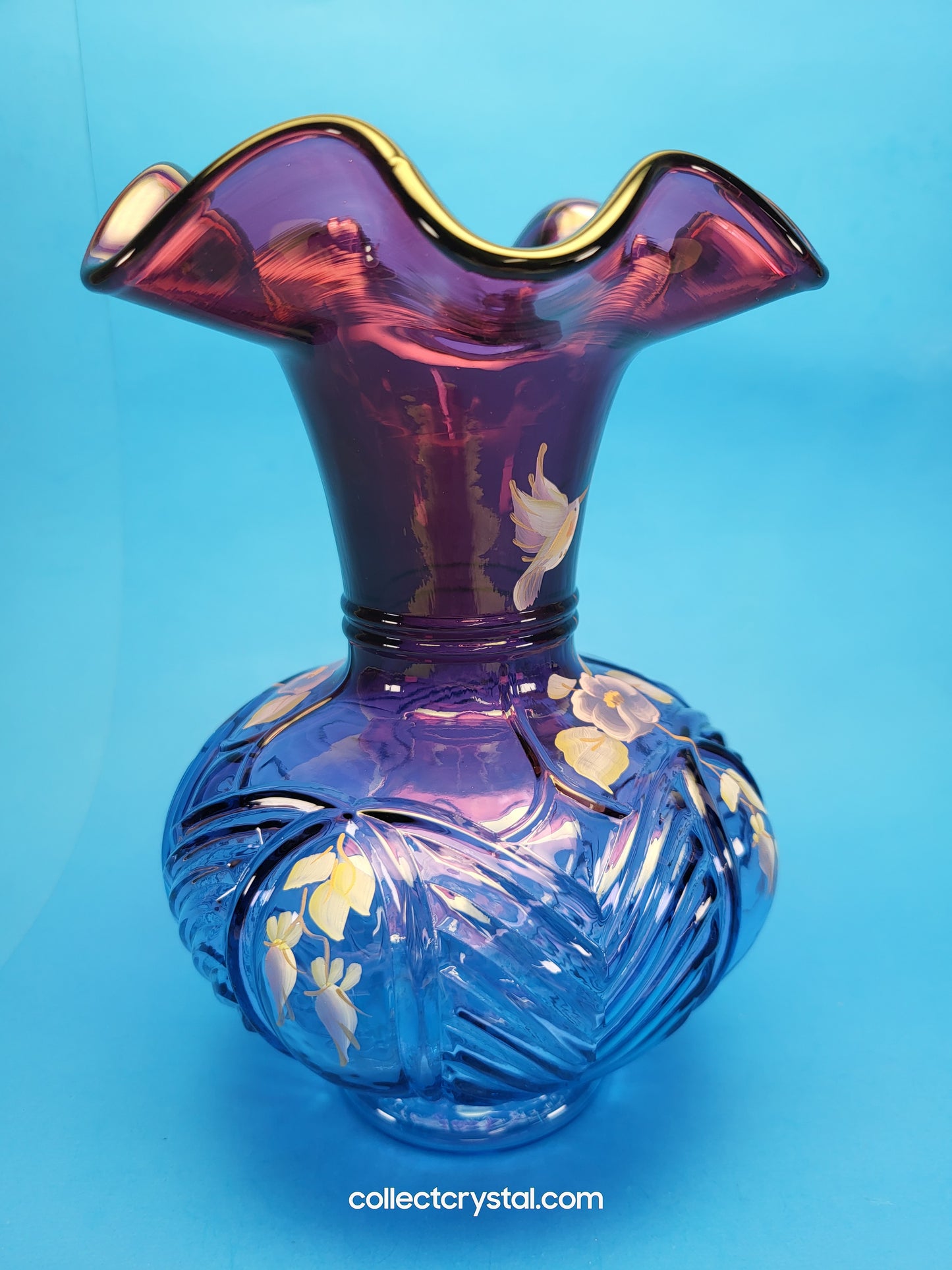 FENTON C. Mackey HP Mulberry Vase LE #  755 / 1250 Deep Purple W/Flowers 7 3/4"