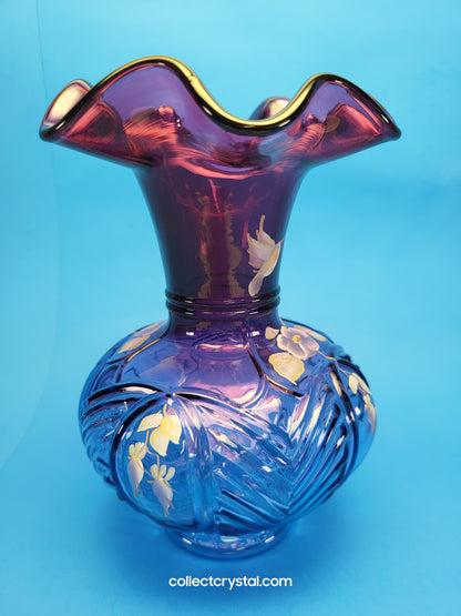 FENTON C. Mackey HP Mulberry Vase LE #  755 / 1250 Deep Purple W/Flowers 7 3/4"