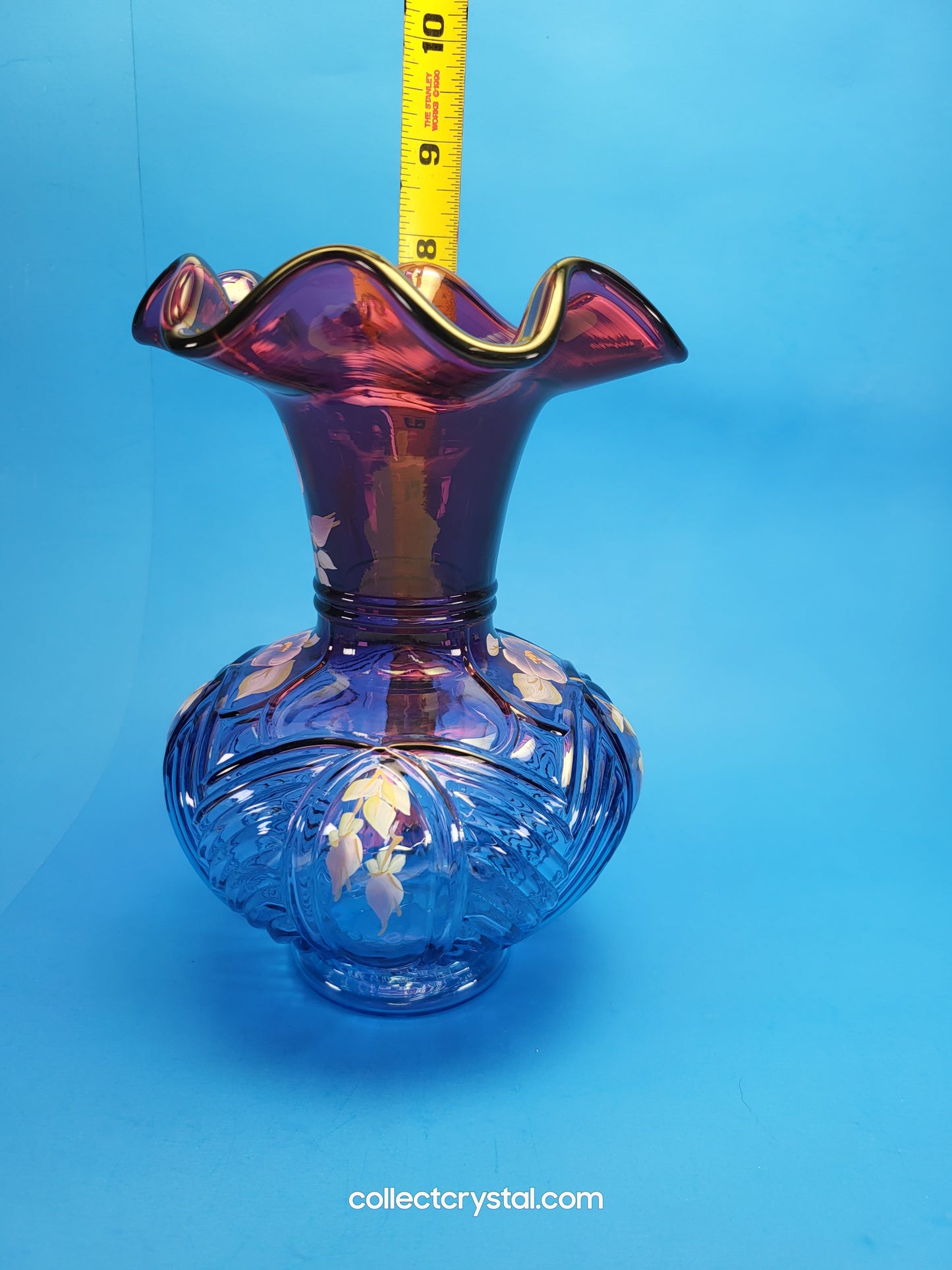 FENTON C. Mackey HP Mulberry Vase LE #  755 / 1250 Deep Purple W/Flowers 7 3/4"