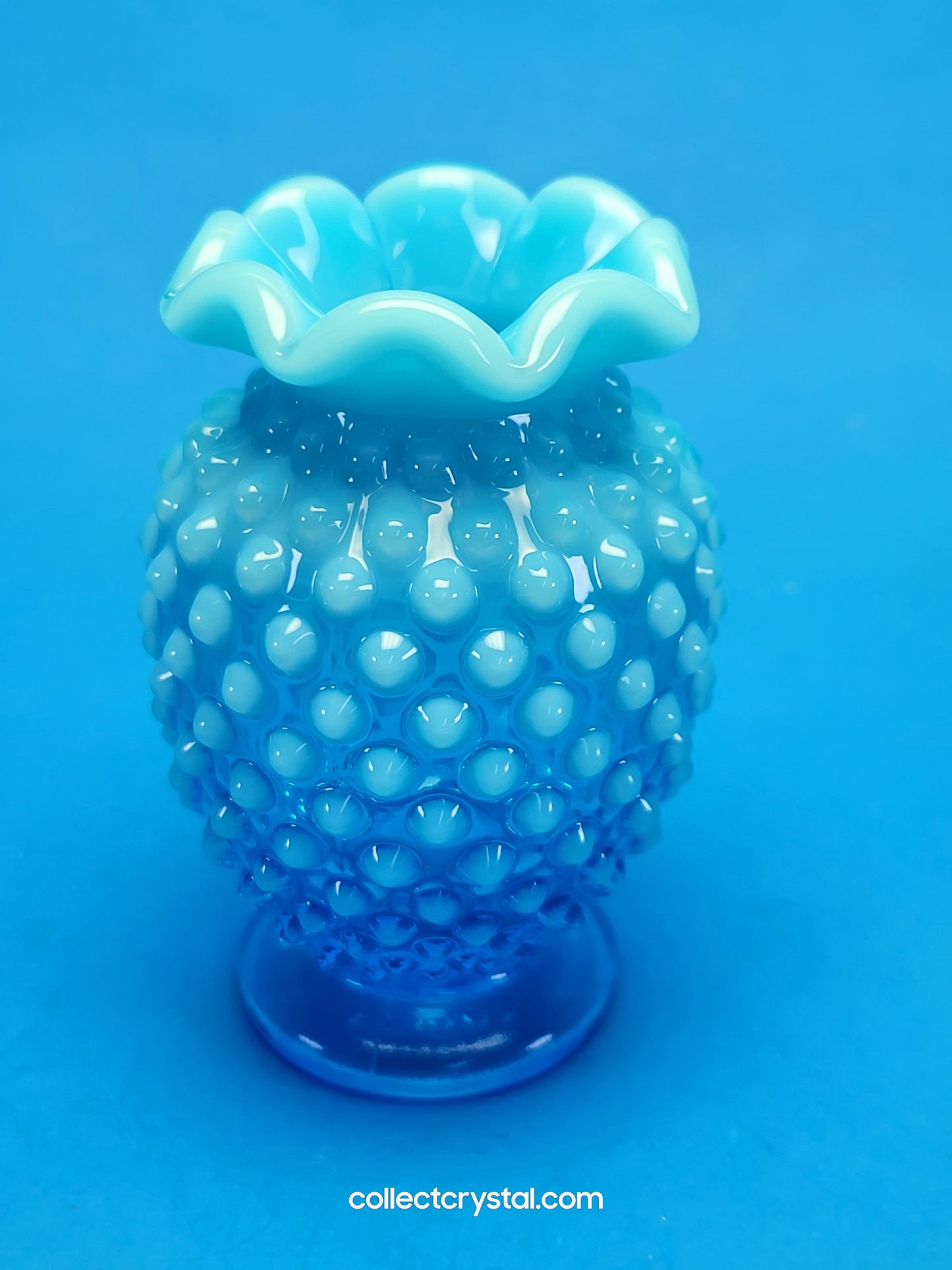 Fenton Blue Opalescent Glass Hobnail Mini Miniature Vase w/ ruffled Top