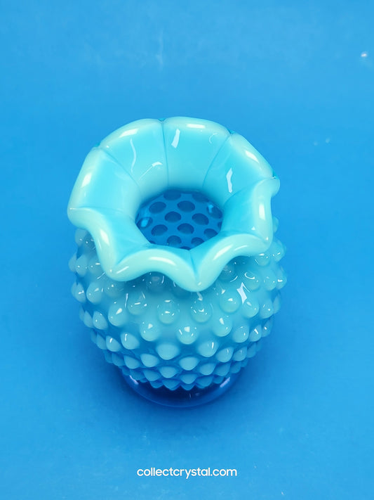 Fenton Blue Opalescent Glass Hobnail Mini Miniature Vase w/ ruffled Top