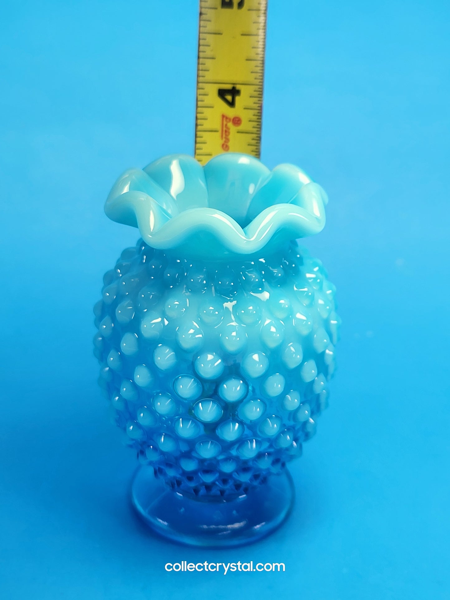 Fenton Blue Opalescent Glass Hobnail Mini Miniature Vase w/ ruffled Top