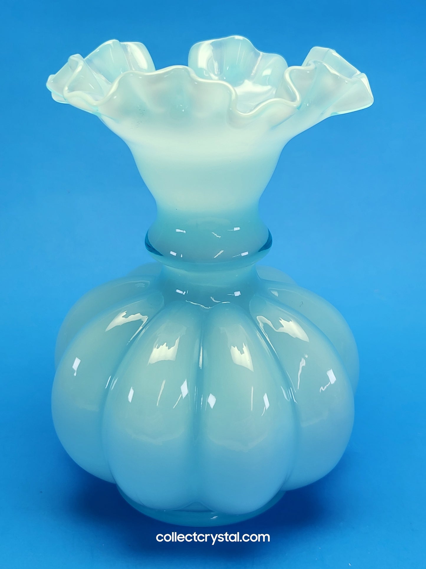 Fenton Blue opalescent Ruffled Melon Rib 6" Vase