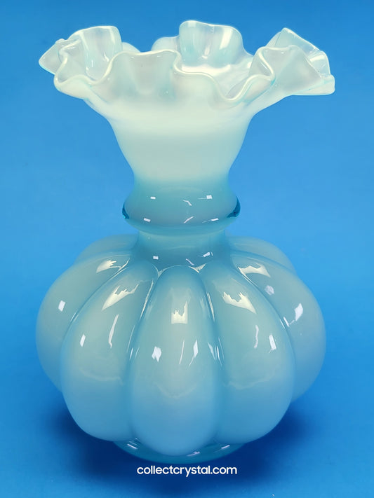Fenton Blue opalescent Ruffled Melon Rib 6" Vase