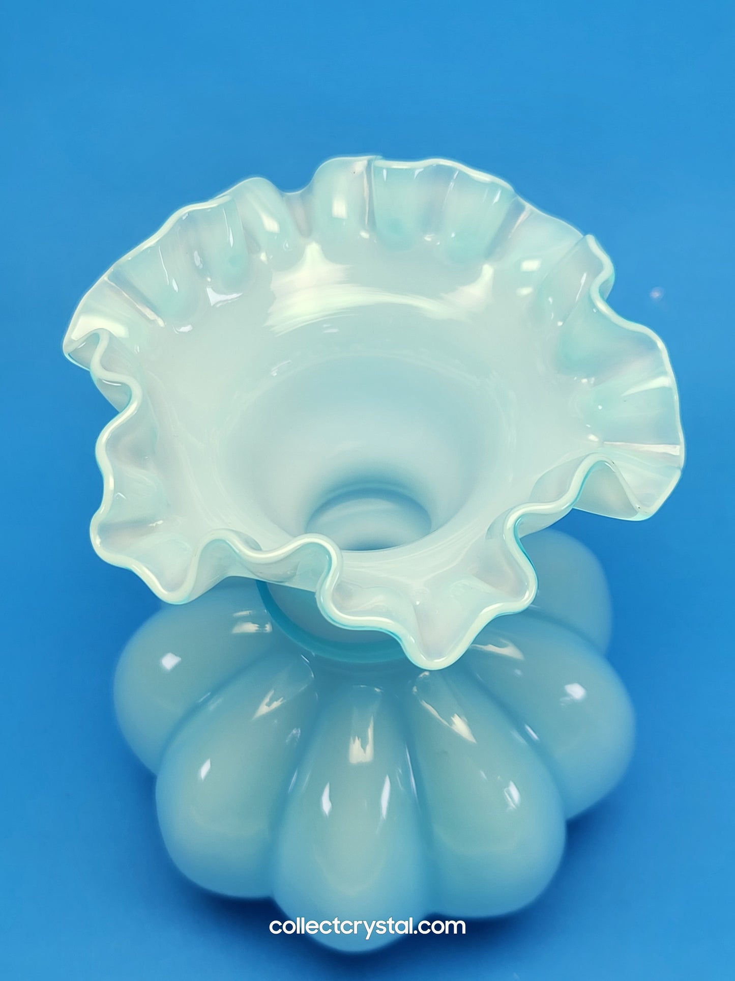 Fenton Blue opalescent Ruffled Melon Rib 6" Vase
