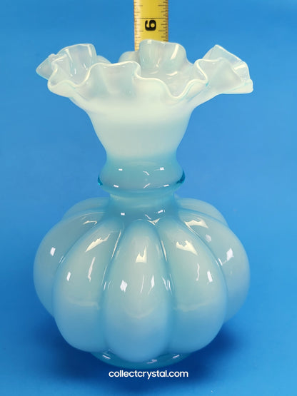Fenton Blue opalescent Ruffled Melon Rib 6" Vase