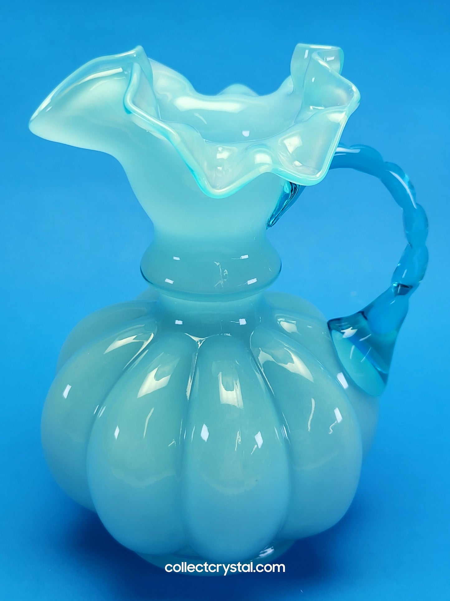 Fenton Jug or Pitcher Blue Opalescent Overlay Melon Base Ribbed # 192 VTG 1940's
