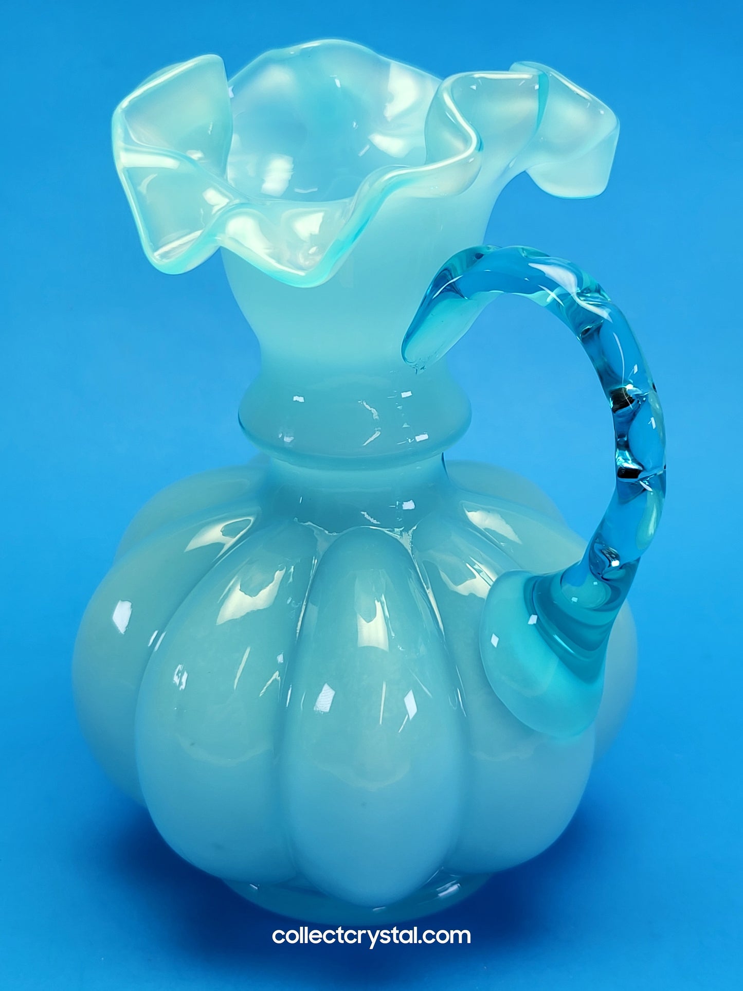 Fenton Jug or Pitcher Blue Opalescent Overlay Melon Base Ribbed # 192 VTG 1940's