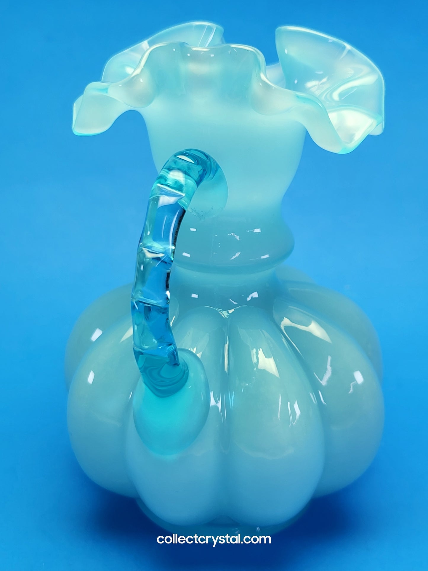 Fenton Jug or Pitcher Blue Opalescent Overlay Melon Base Ribbed # 192 VTG 1940's