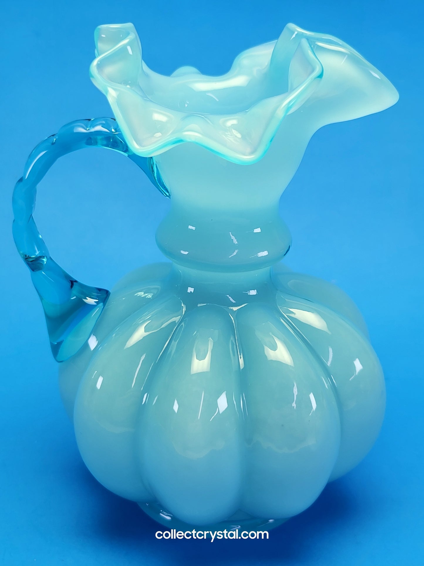 Fenton Jug or Pitcher Blue Opalescent Overlay Melon Base Ribbed # 192 VTG 1940's