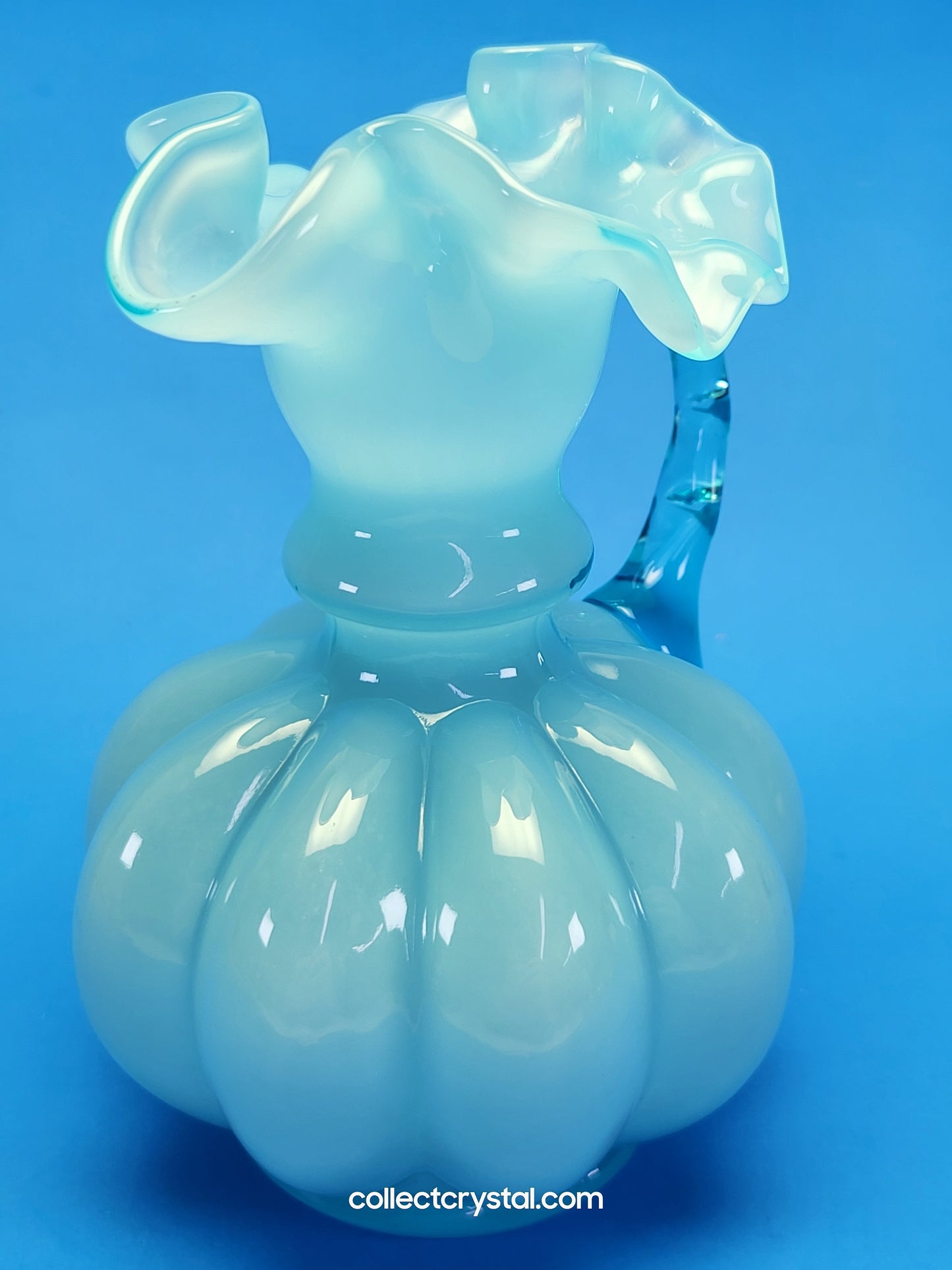 Fenton Jug or Pitcher Blue Opalescent Overlay Melon Base Ribbed # 192 VTG 1940's