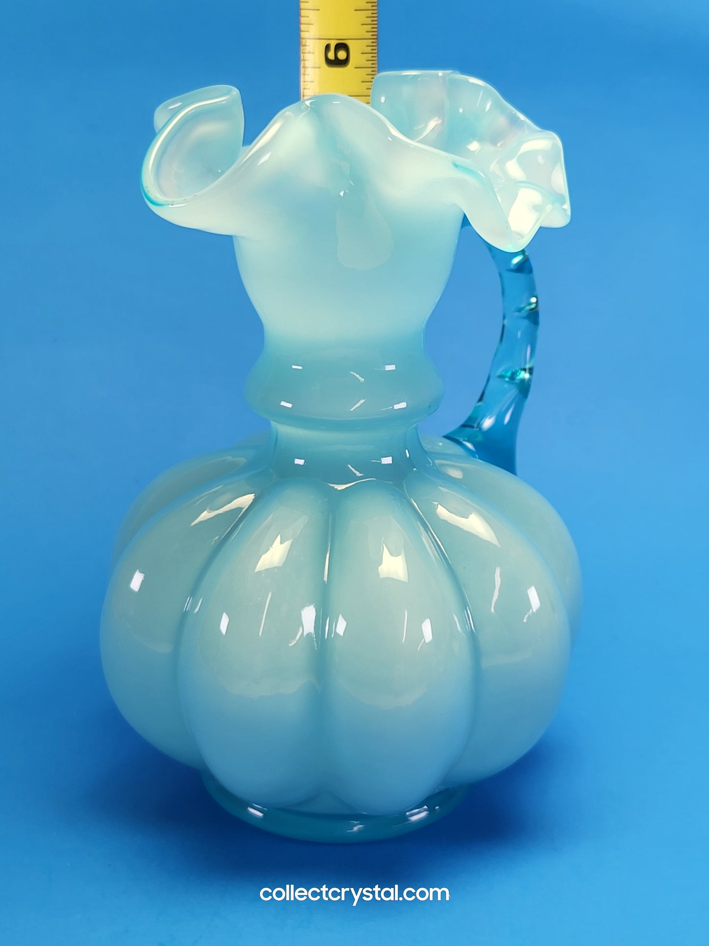Fenton Jug or Pitcher Blue Opalescent Overlay Melon Base Ribbed # 192 VTG 1940's