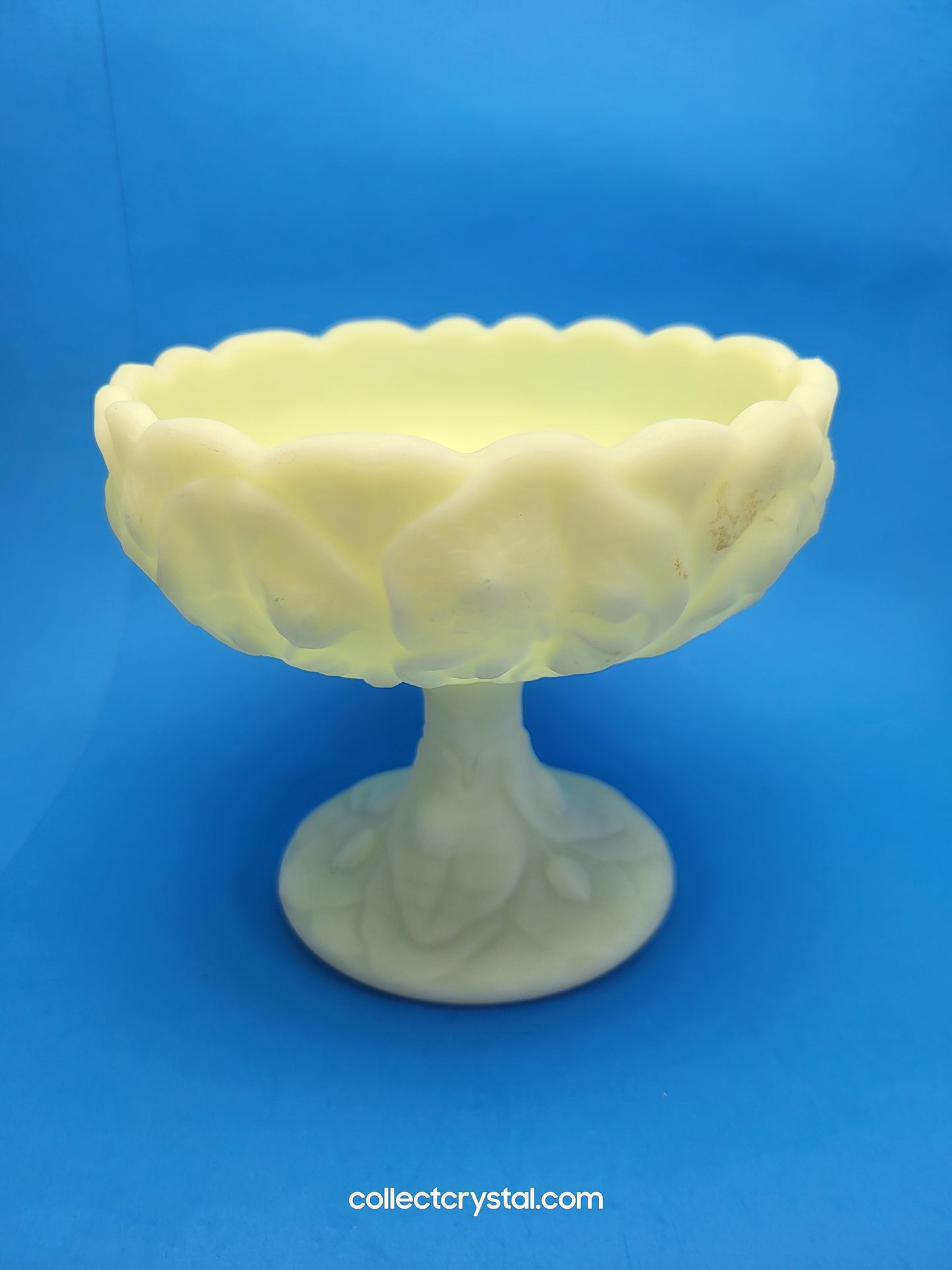 Fenton Water Lily Tulips Uranium Custard Glass Compote Candy Dish