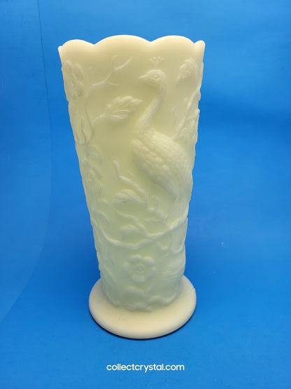 Fenton Uranium Custard Peacock Garden Floral Scalloped Vase