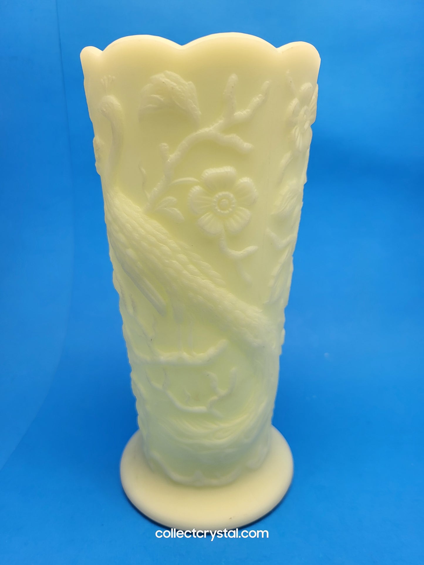 Fenton Uranium Custard Peacock Garden Floral Scalloped Vase
