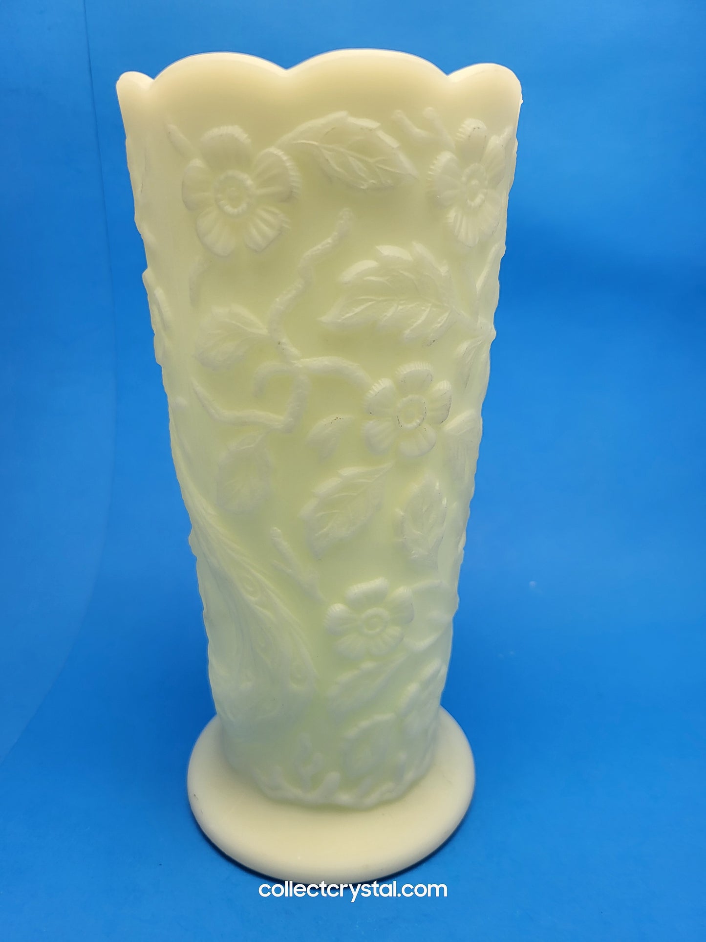 Fenton Uranium Custard Peacock Garden Floral Scalloped Vase
