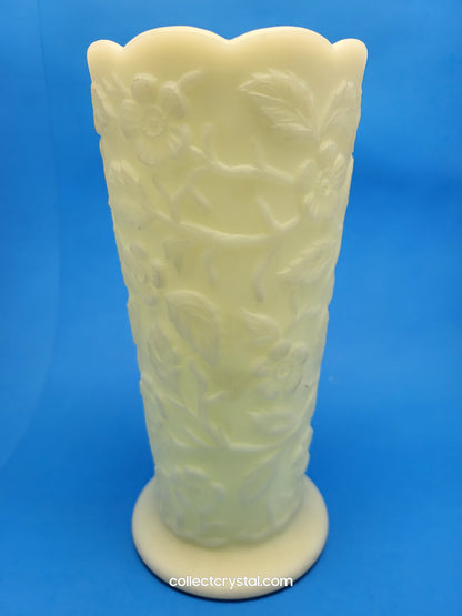 Fenton Uranium Custard Peacock Garden Floral Scalloped Vase