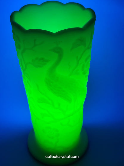 Fenton Uranium Custard Peacock Garden Floral Scalloped Vase
