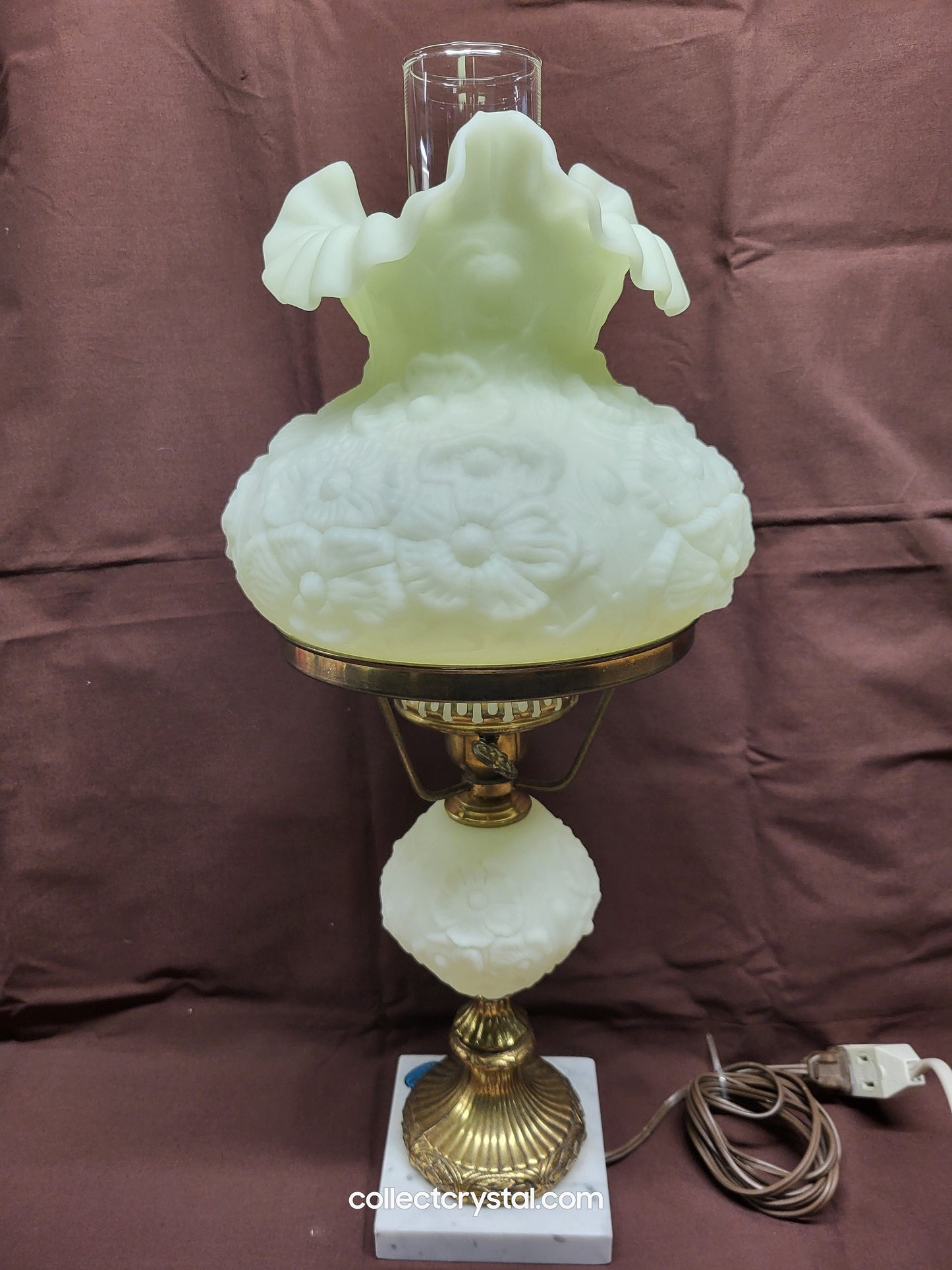 Fenton URANIUM Custard Poppy Student Lamp With Marble Base 20 Inches