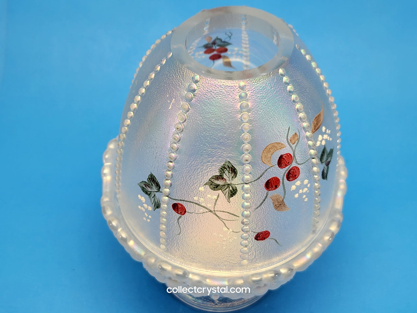 Fenton light Beaded Iridescent Hand Painted Fairy Lamp Holly Signed S. Hopkins